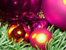 Rosarote Weihnachtsbaumkugeln auf Tannengrün!